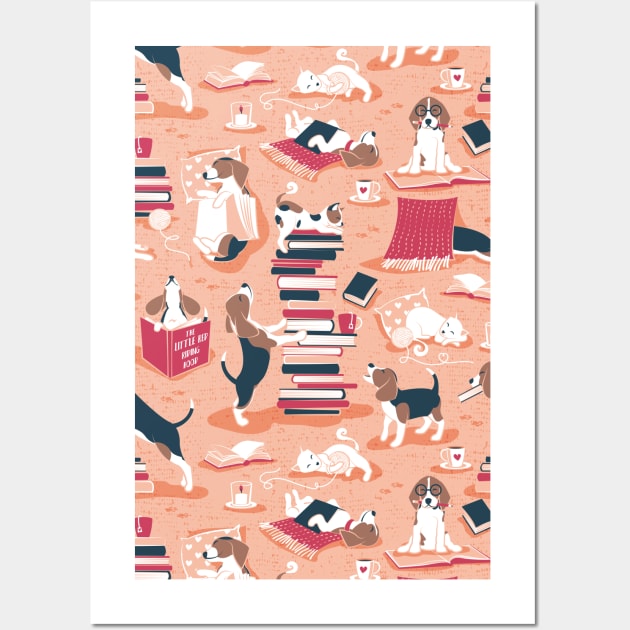 Life is better with books a hot drink and a friend // pattern // coral background brown white and blue beagles and cats and red cozy details Wall Art by SelmaCardoso